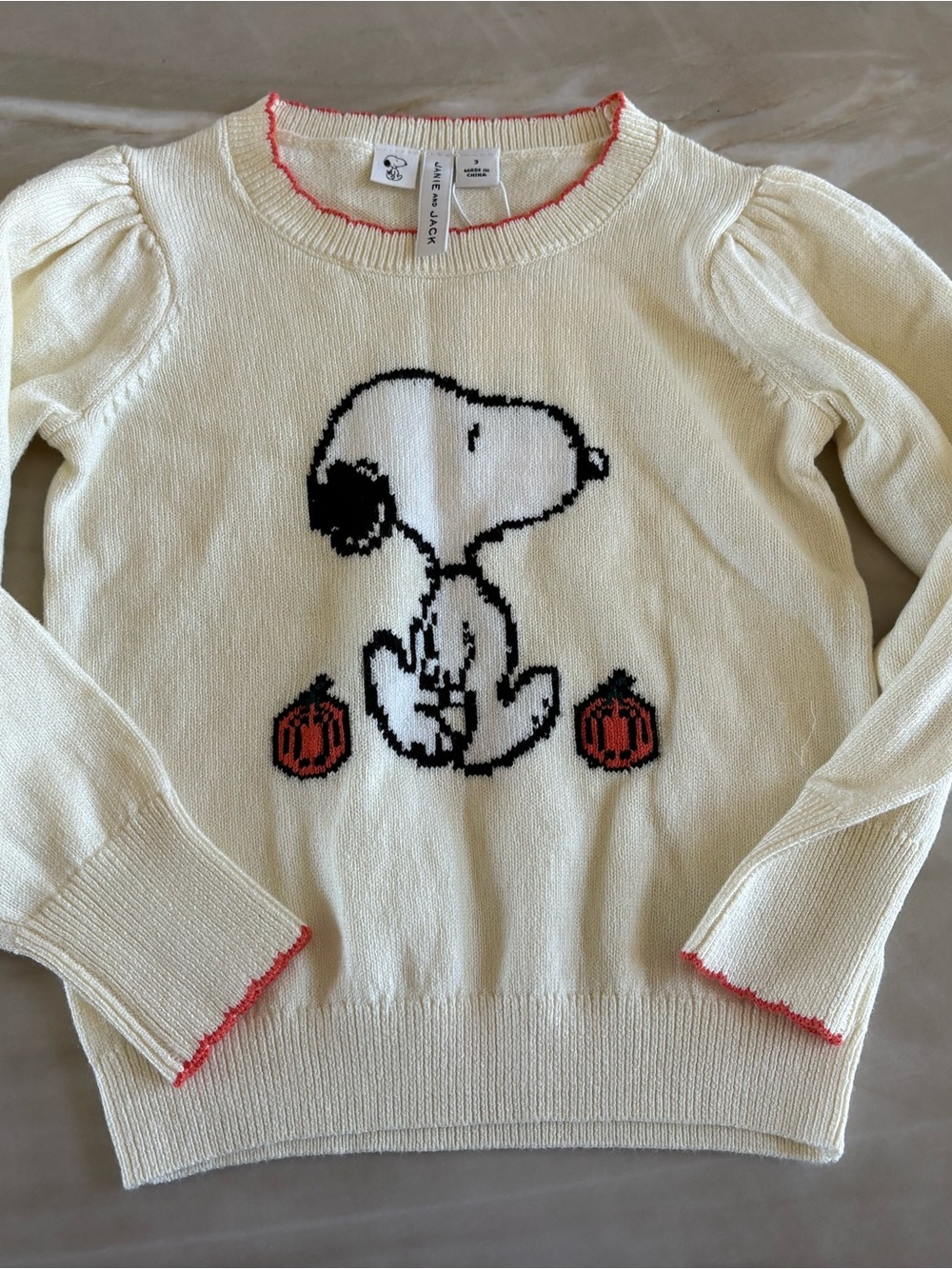 Janie and Jack Cream Snoopy Pumpkin Sweater with Orange Trim